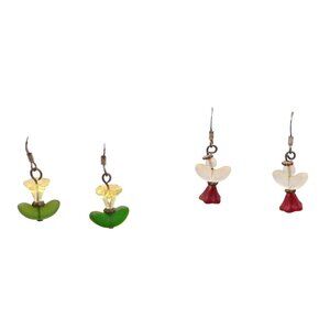Lot of 2 Vintage Frosted Lucite Tulip Earrings, Red and White Hanging Blooms